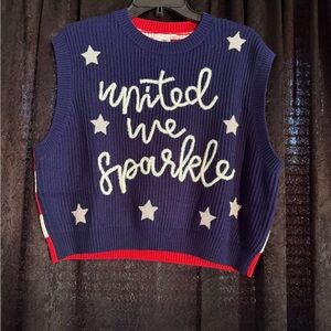 QUEEN OF SPARKLES Navy Knit Sleeveless Top with Cream Stars & Red Trim